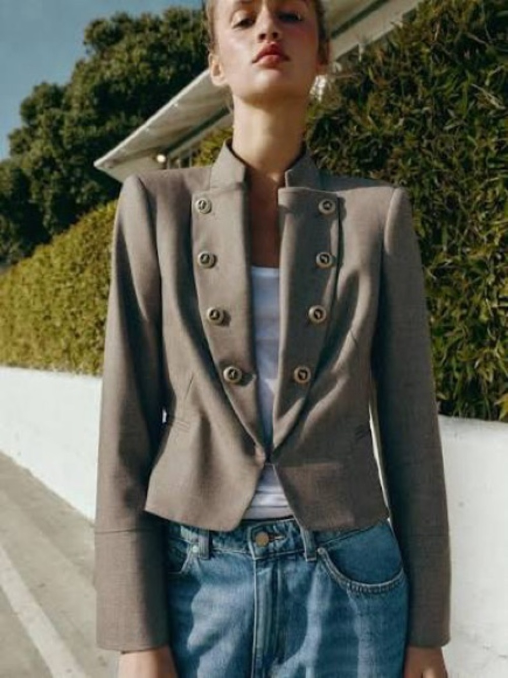 Zara Taupe Double-Breasted Military-Inspired Blazer